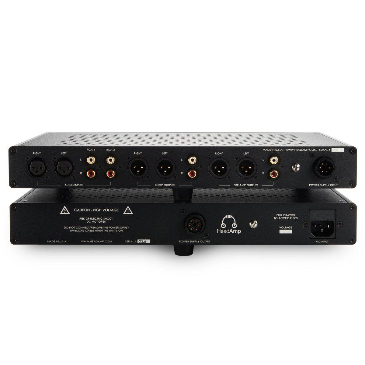 Rear view of HeadAmp GS-X mk2 Balanced Headphone Amplifier / Pre-Amplifier showing input and output connections on black chassis