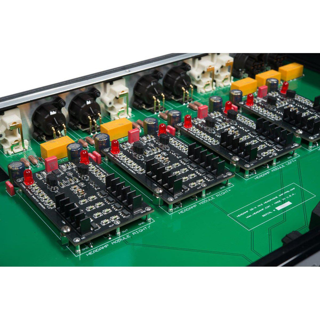 Internal view of the HeadAmp GS-X mk2 Balanced Headphone Amplifier / Pre-Amplifier circuit board with components and connectors