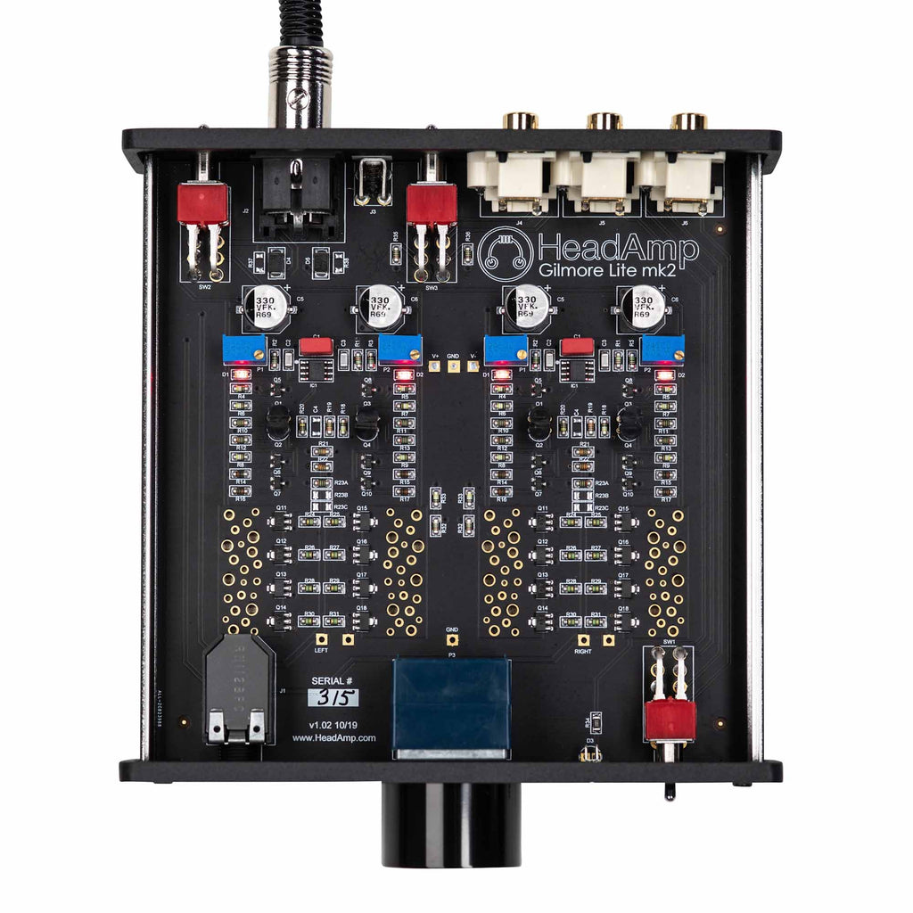 Top-down view of internal circuit board and components inside the HeadAmp Gilmore Lite Mk2 Class-A Headphone Amplifier