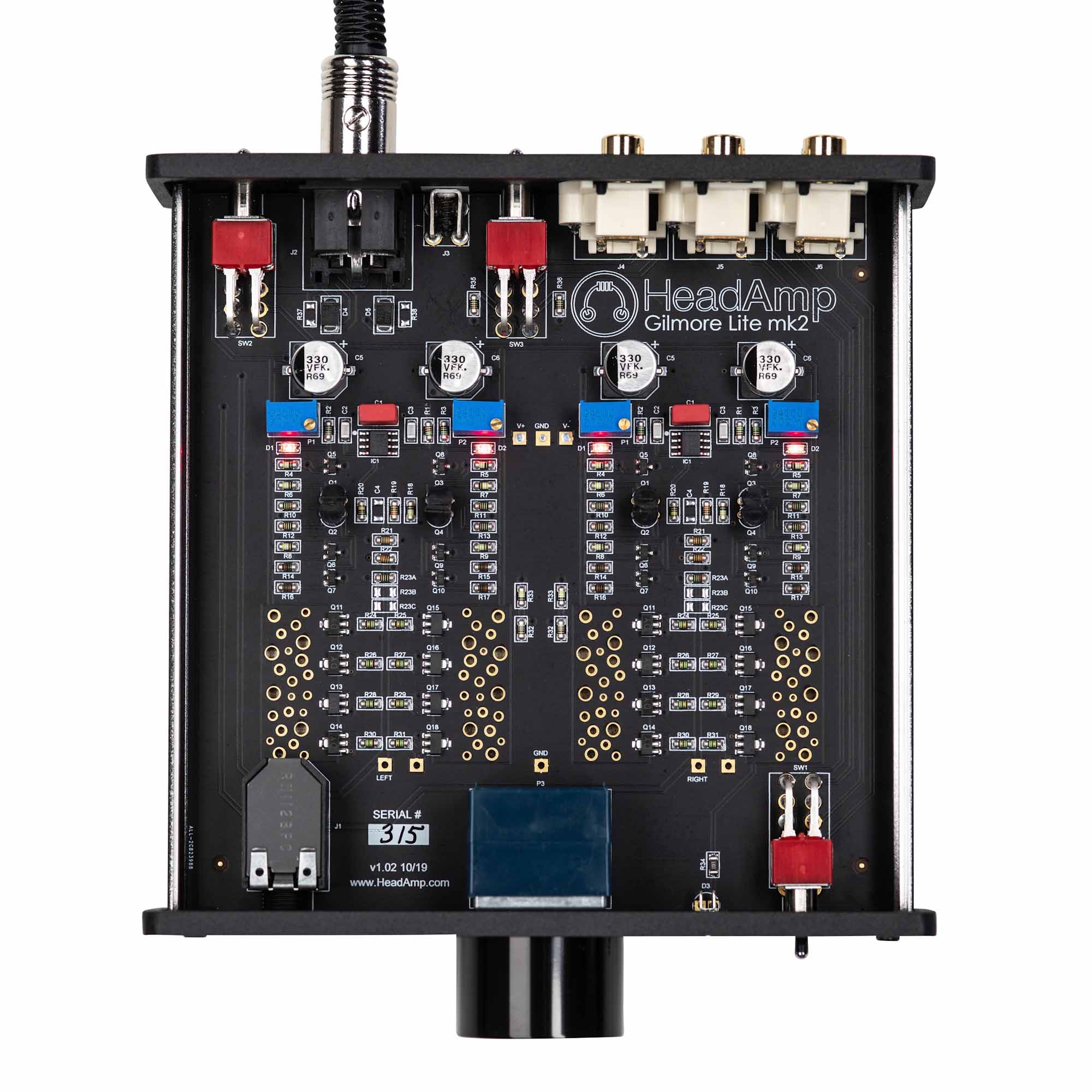 Top-down view of internal circuit board and components inside the HeadAmp Gilmore Lite Mk2 Class-A Headphone Amplifier