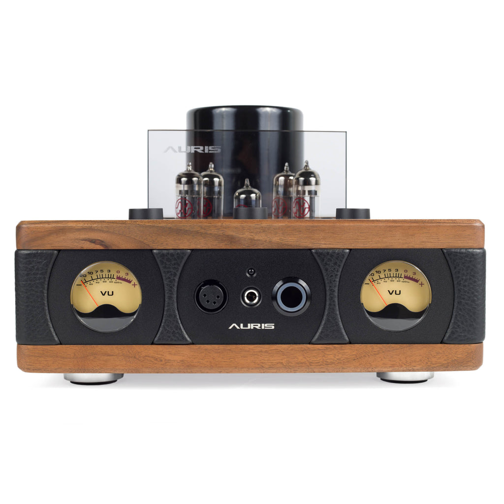 Front view of Auris Audio HA-2SF Tube Headphone Amplifier with wooden side panels and dual VU meters on white background