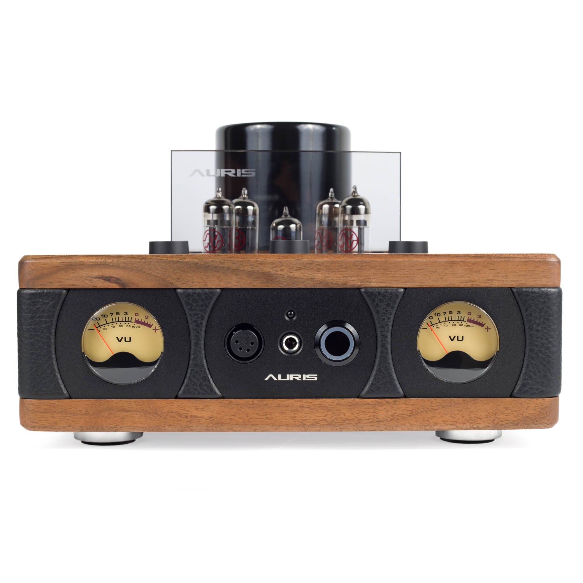 Front view of Auris Audio HA-2SF Tube Headphone Amplifier with wooden side panels and dual VU meters on white background