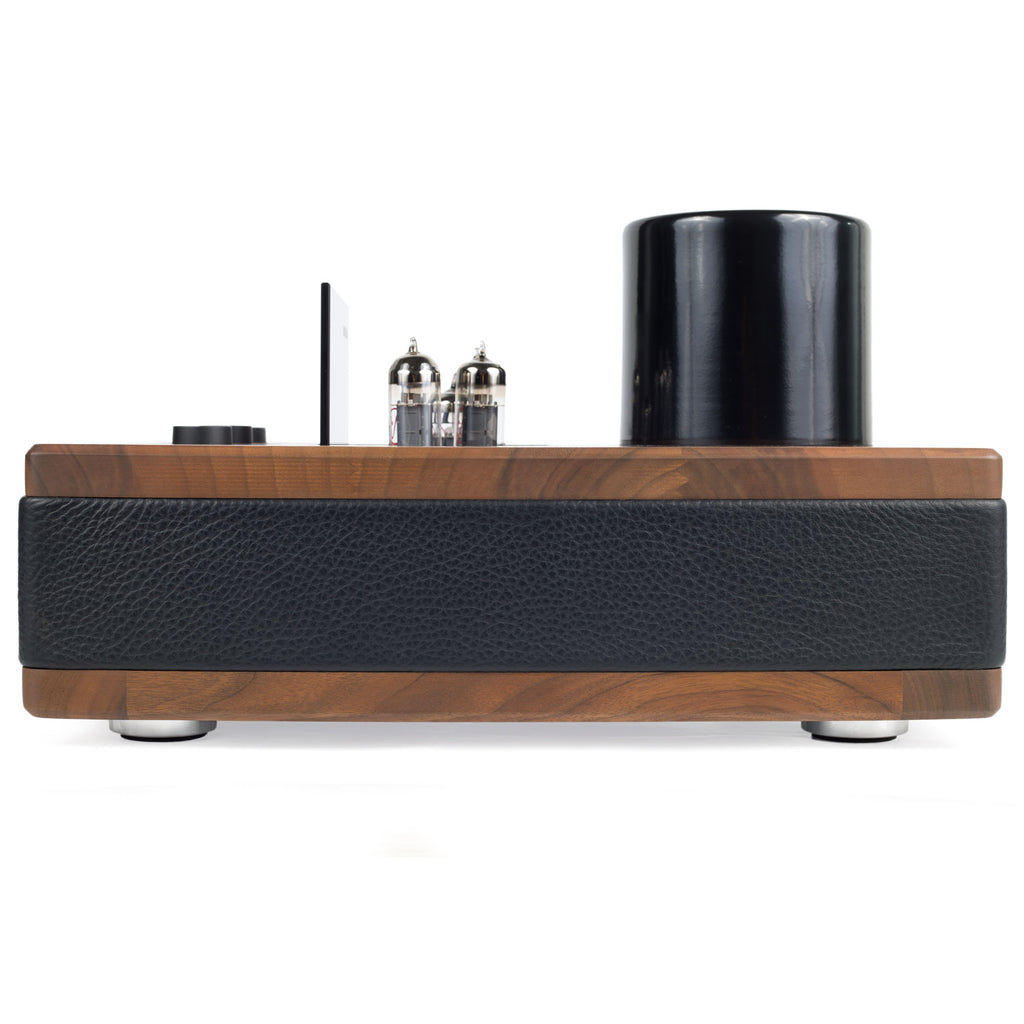 Side view of Auris Audio HA-2SF Tube Headphone Amplifier showing wood and black leather finish with vacuum tubes and transformer