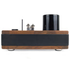 Side view of Auris Audio HA-2SF Tube Headphone Amplifier showing wood and black leather finish with vacuum tubes and transformer