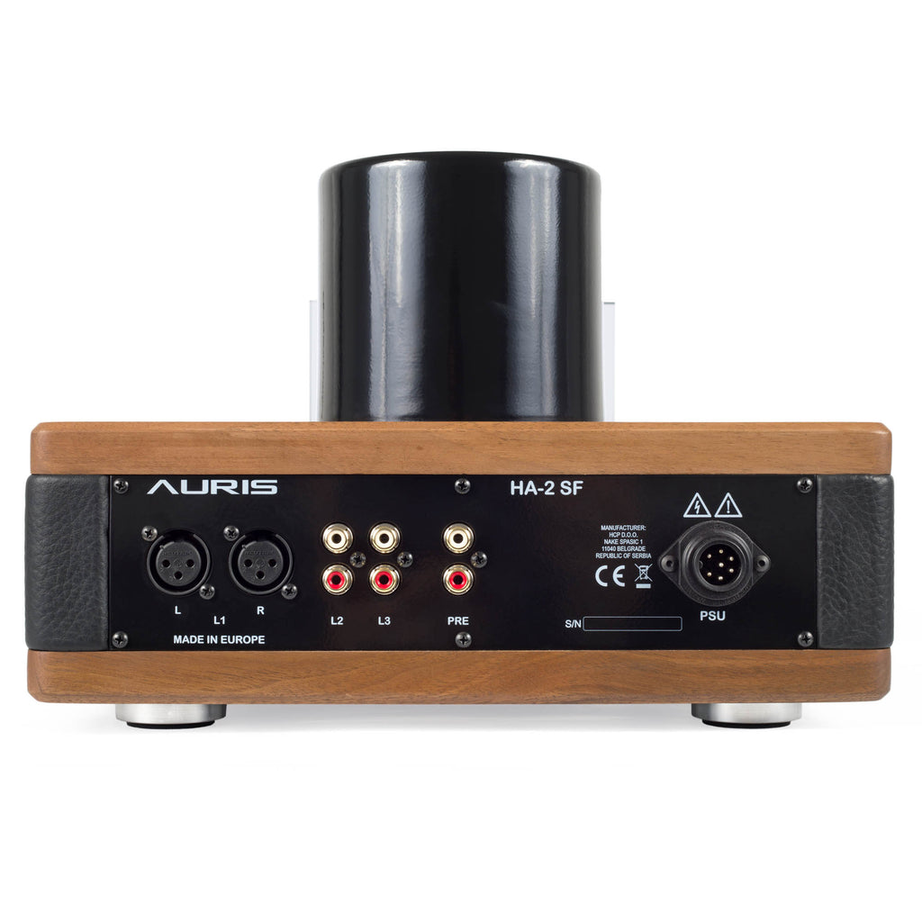 Rear view of Auris Audio HA-2SF Tube Headphone Amplifier showing input and output connectors with wooden side panels