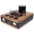 Auris Audio HA-2SF Tube Headphone Amplifier with wooden casing, vacuum tubes, analog meters, and black leather accents on white background
