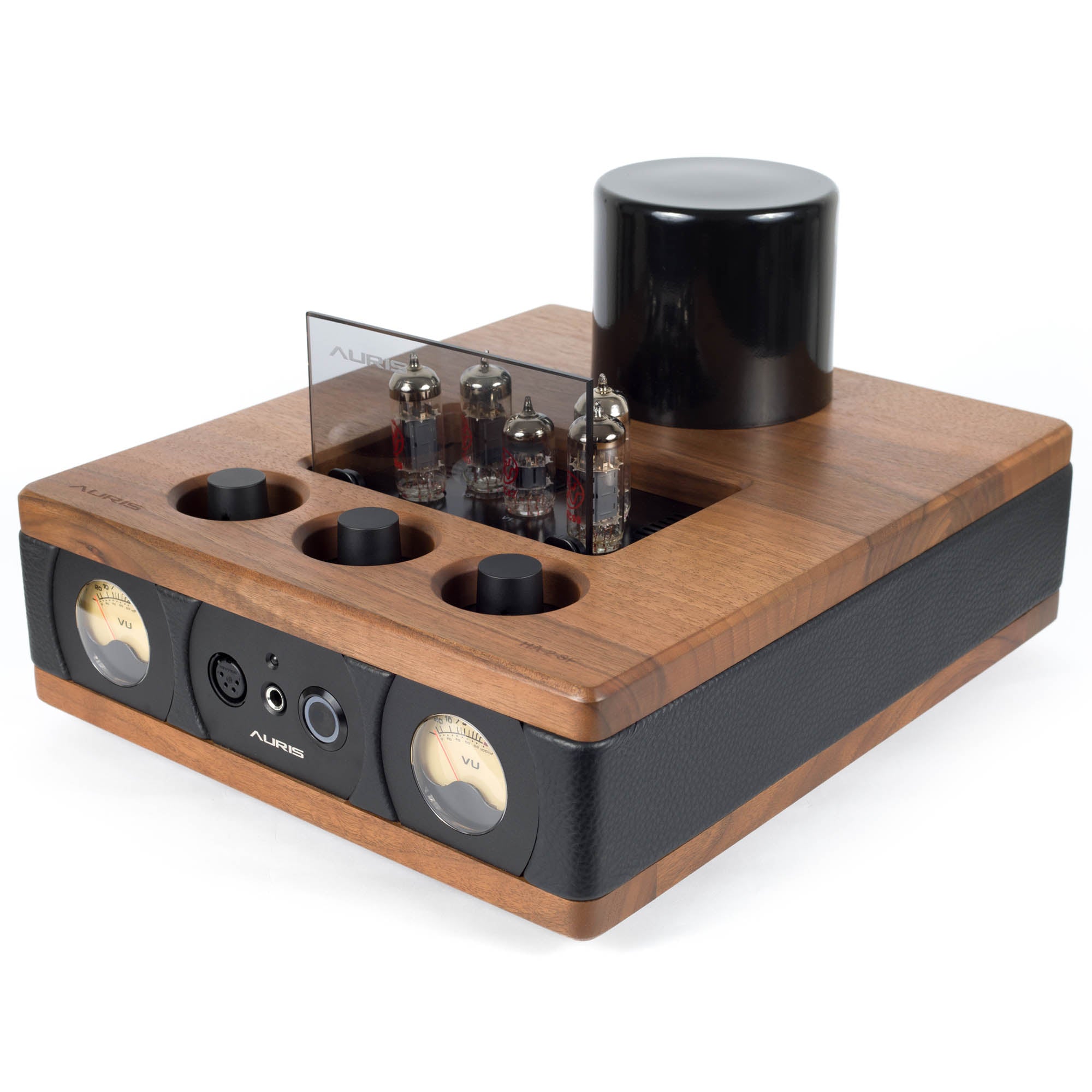 Auris Audio HA-2SF Tube Headphone Amplifier with wooden casing, vacuum tubes, analog meters, and black leather accents on white background