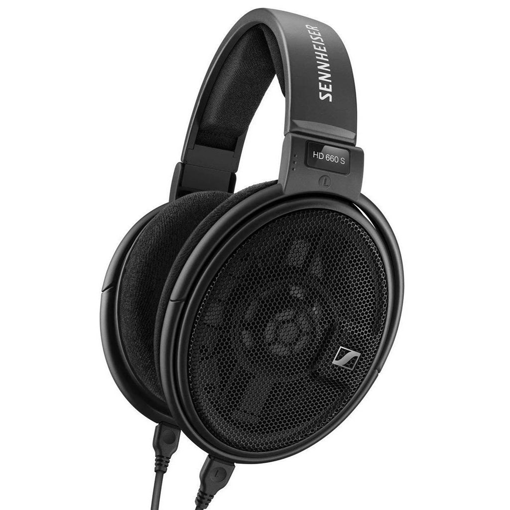 Sennheiser HD660S Open-Back Dynamic Headphones angled view showing black ear cups and Sennheiser logo on white background