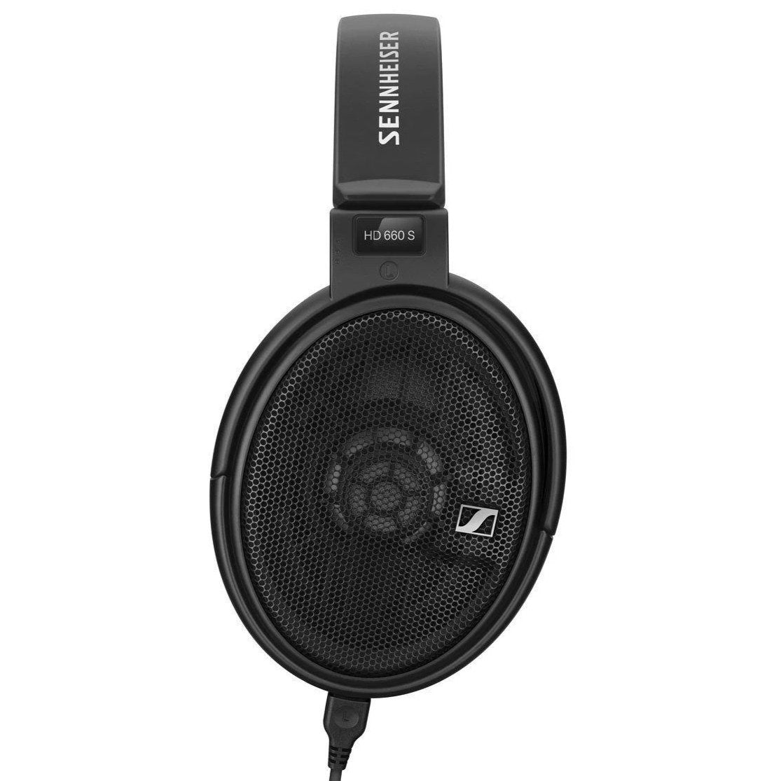 Close-up of Sennheiser HD660S Open-Back Dynamic Headphones showing black ear cup with mesh grille and cable attached