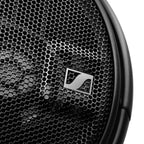 Close-up of Sennheiser HD660S Open-Back Dynamic Headphones black mesh grille with silver logo on black frame
