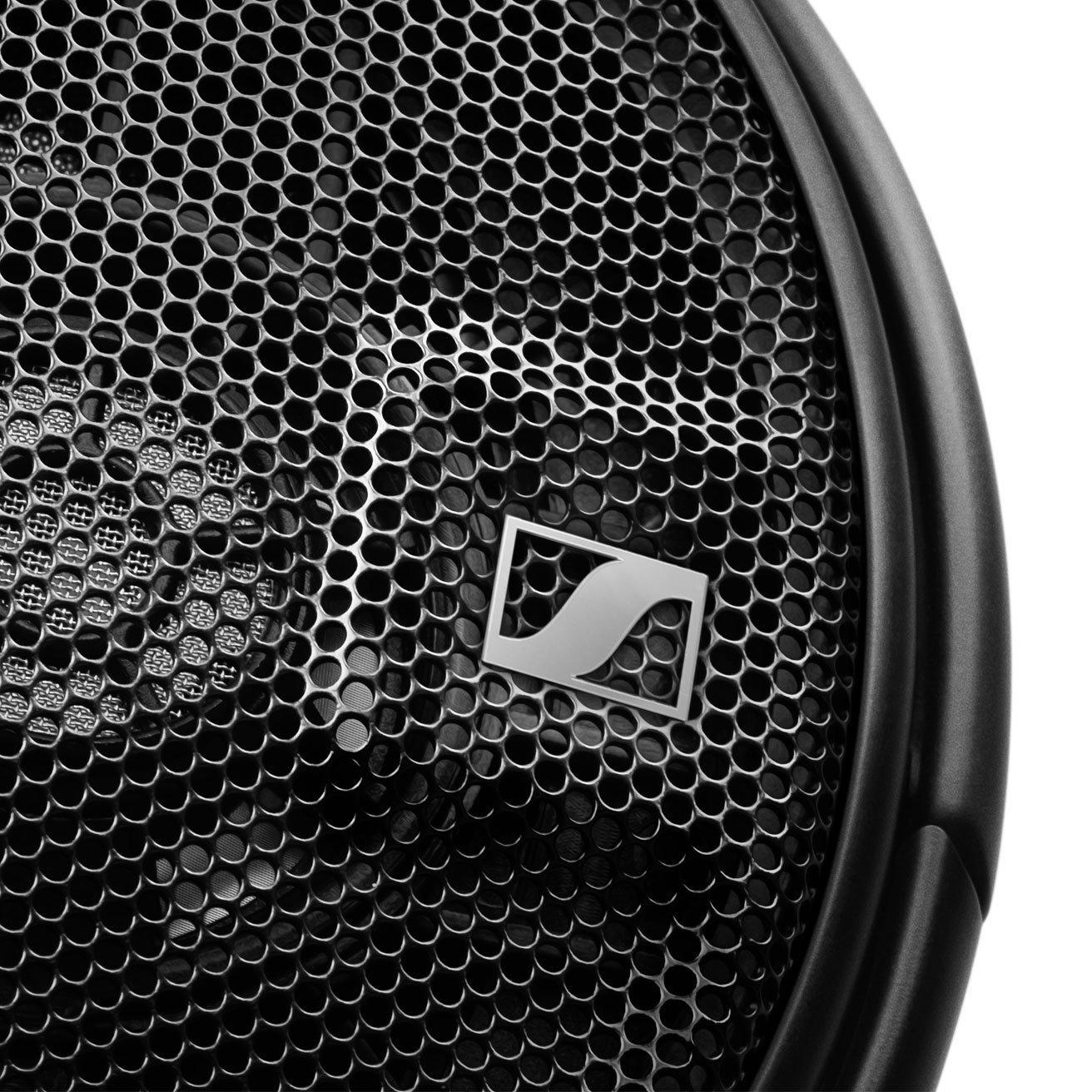 Close-up of Sennheiser HD660S Open-Back Dynamic Headphones black mesh grille with silver logo on black frame