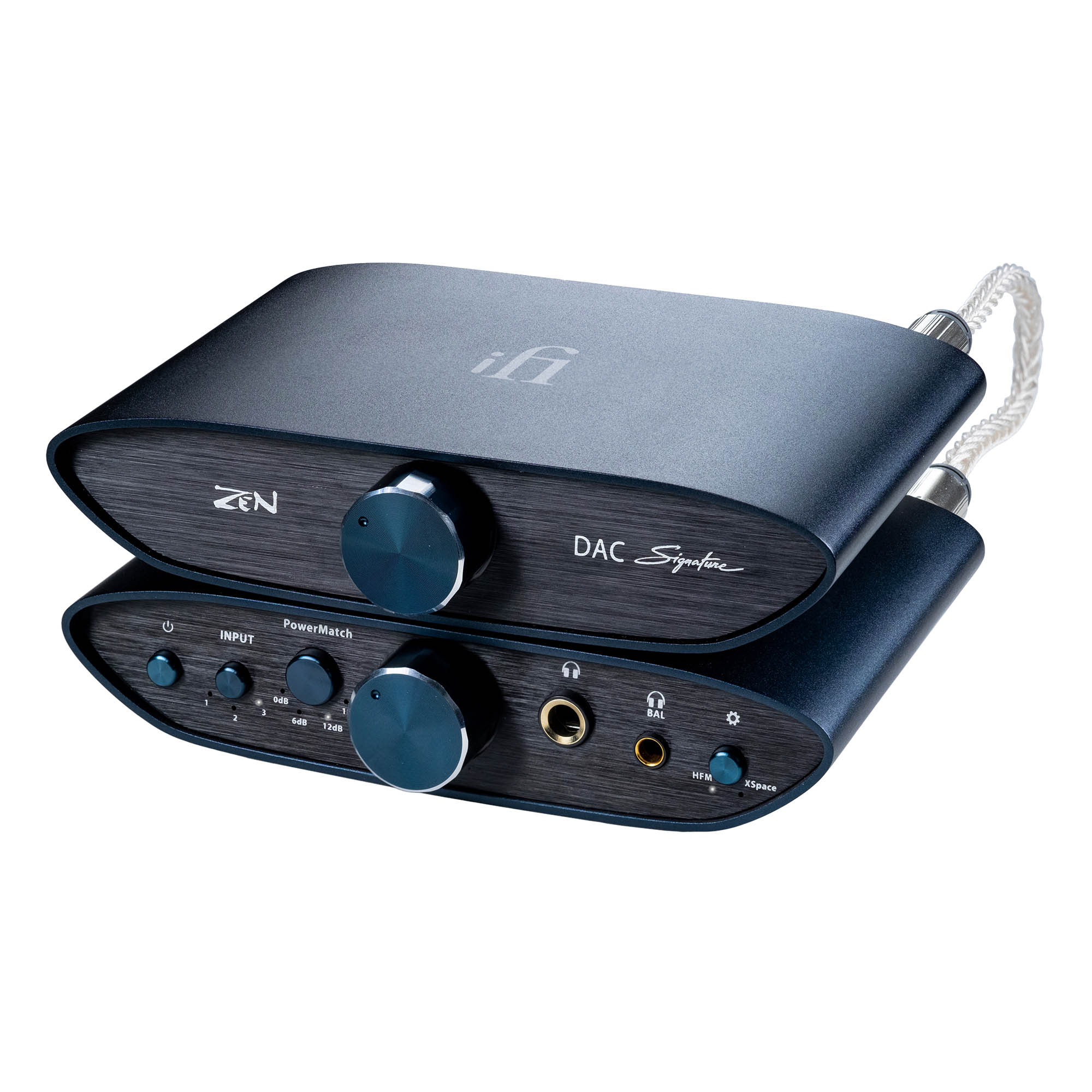 iFi Audio ZEN Signature Set HFM showing stacked DAC and amplifier units with front control knobs and cable connection