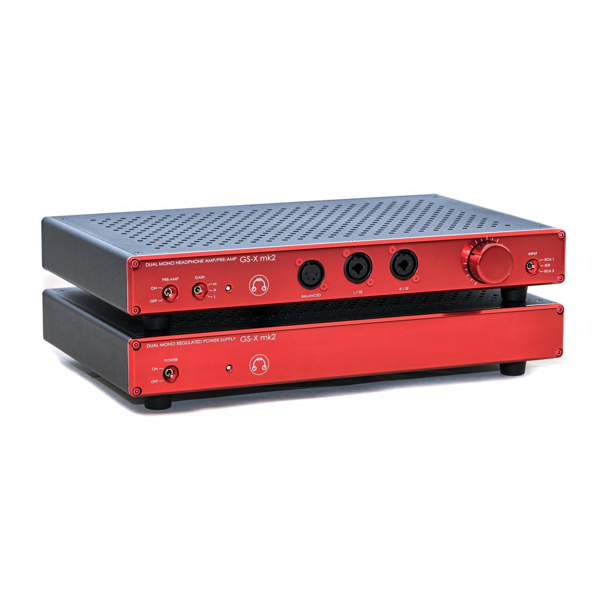 HeadAmp GS-X mk2 Balanced Headphone Amplifier / Pre-Amplifier with red front panels and multiple input and output ports on white background