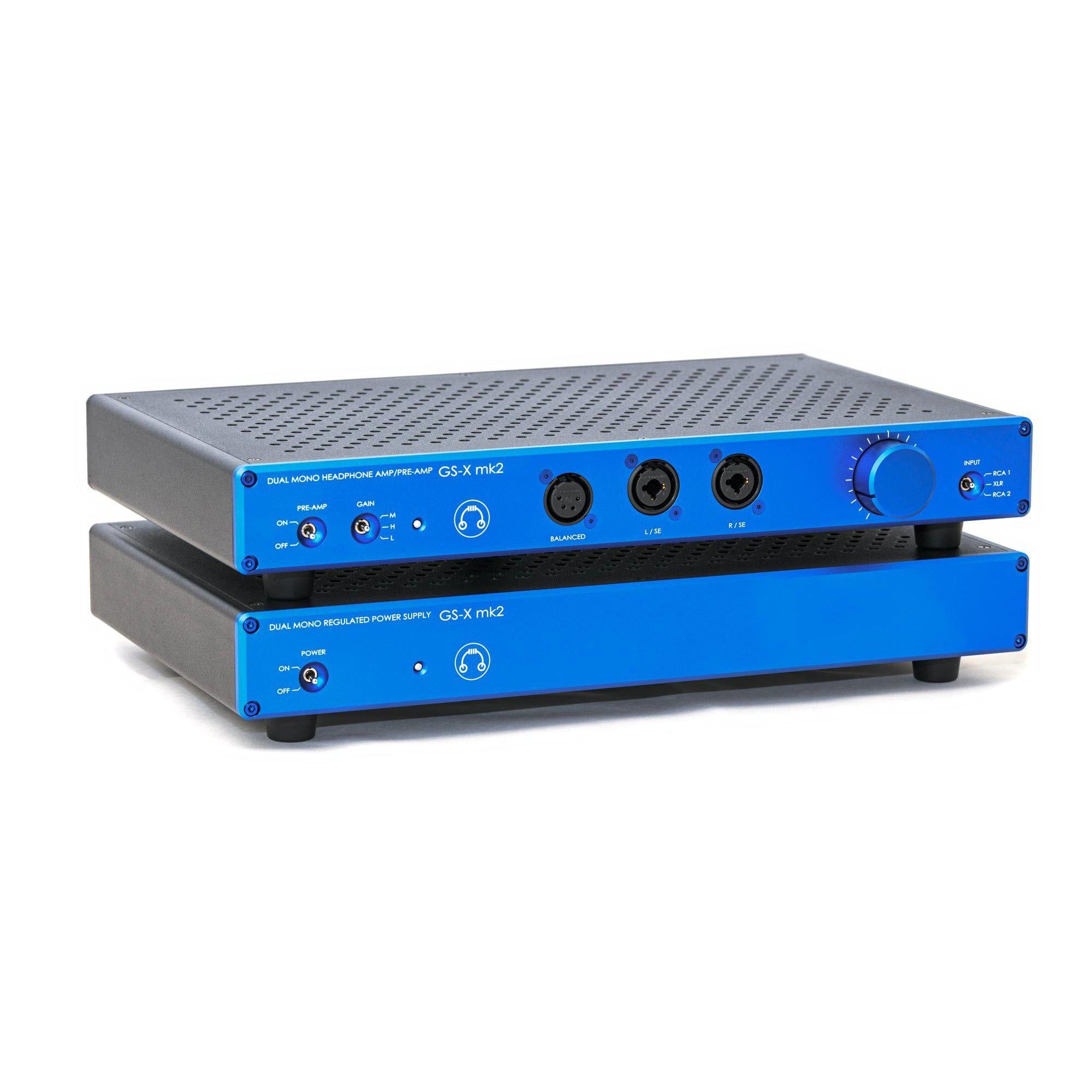 HeadAmp GS-X mk2 Balanced Headphone Amplifier / Pre-Amplifier with blue faceplates and multiple input jacks on white background