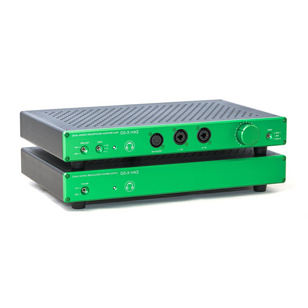 HeadAmp GS-X mk2 Balanced Headphone Amplifier / Pre-Amplifier with green and black chassis on white background