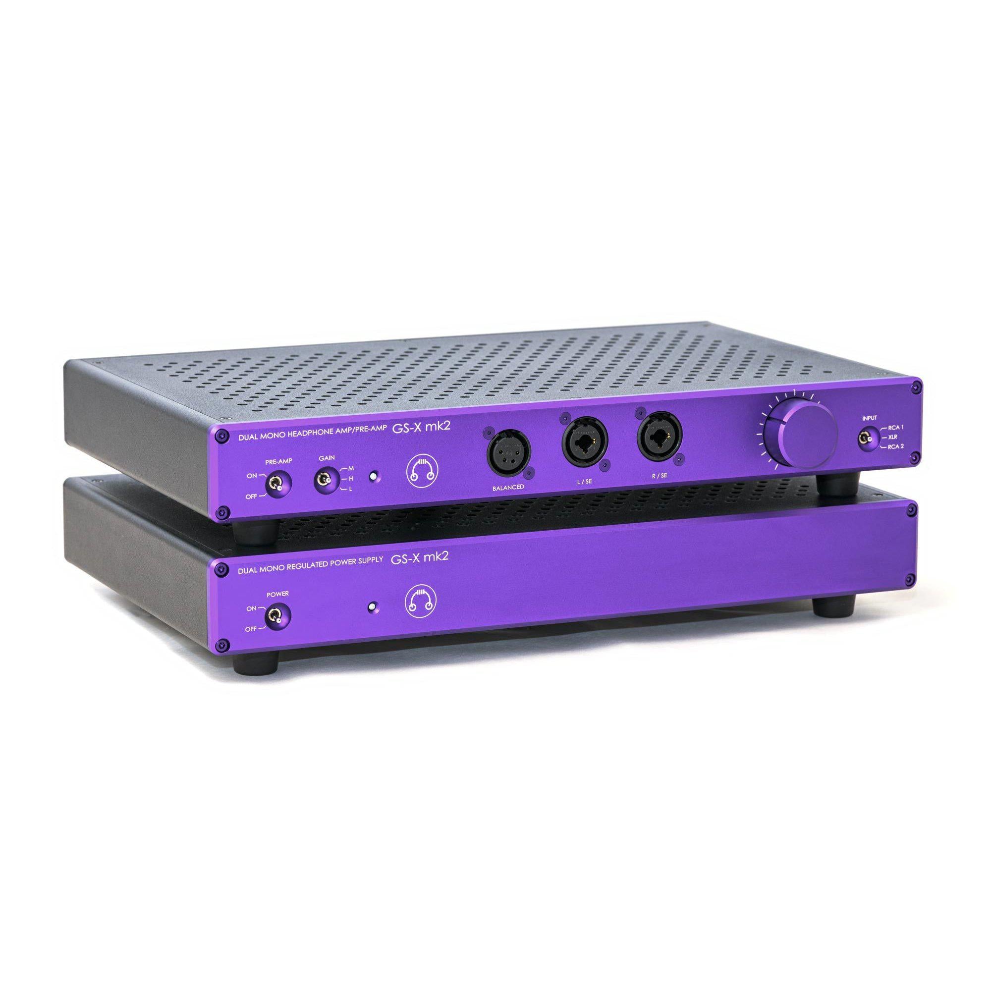 HeadAmp GS-X mk2 Balanced Headphone Amplifier / Pre-Amplifier with purple front panel and multiple input connectors on white background