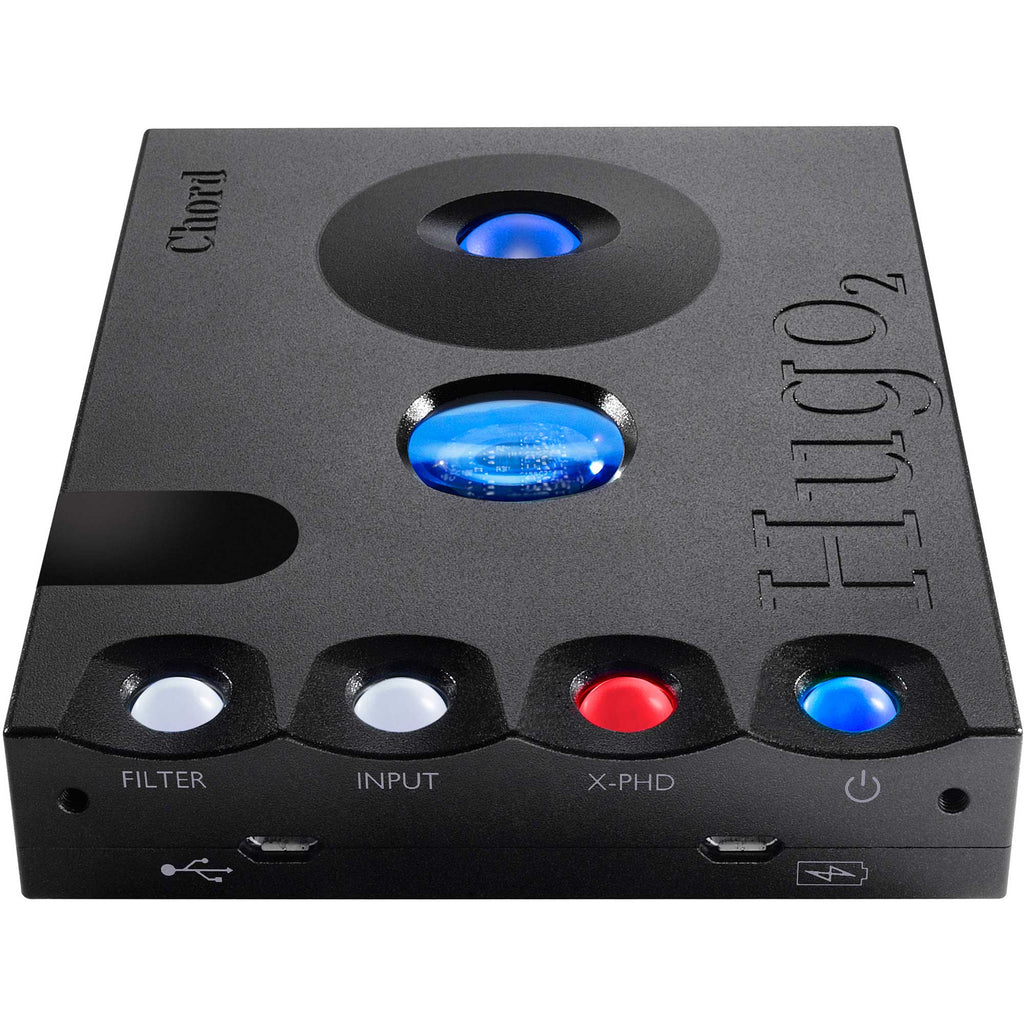 Chord Hugo 2 DAC / Portable Headphone Amplifier with illuminated buttons and distinctive blue control spheres on black casing