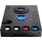 Chord Hugo 2 DAC / Portable Headphone Amplifier with illuminated buttons and distinctive blue control spheres on black casing
