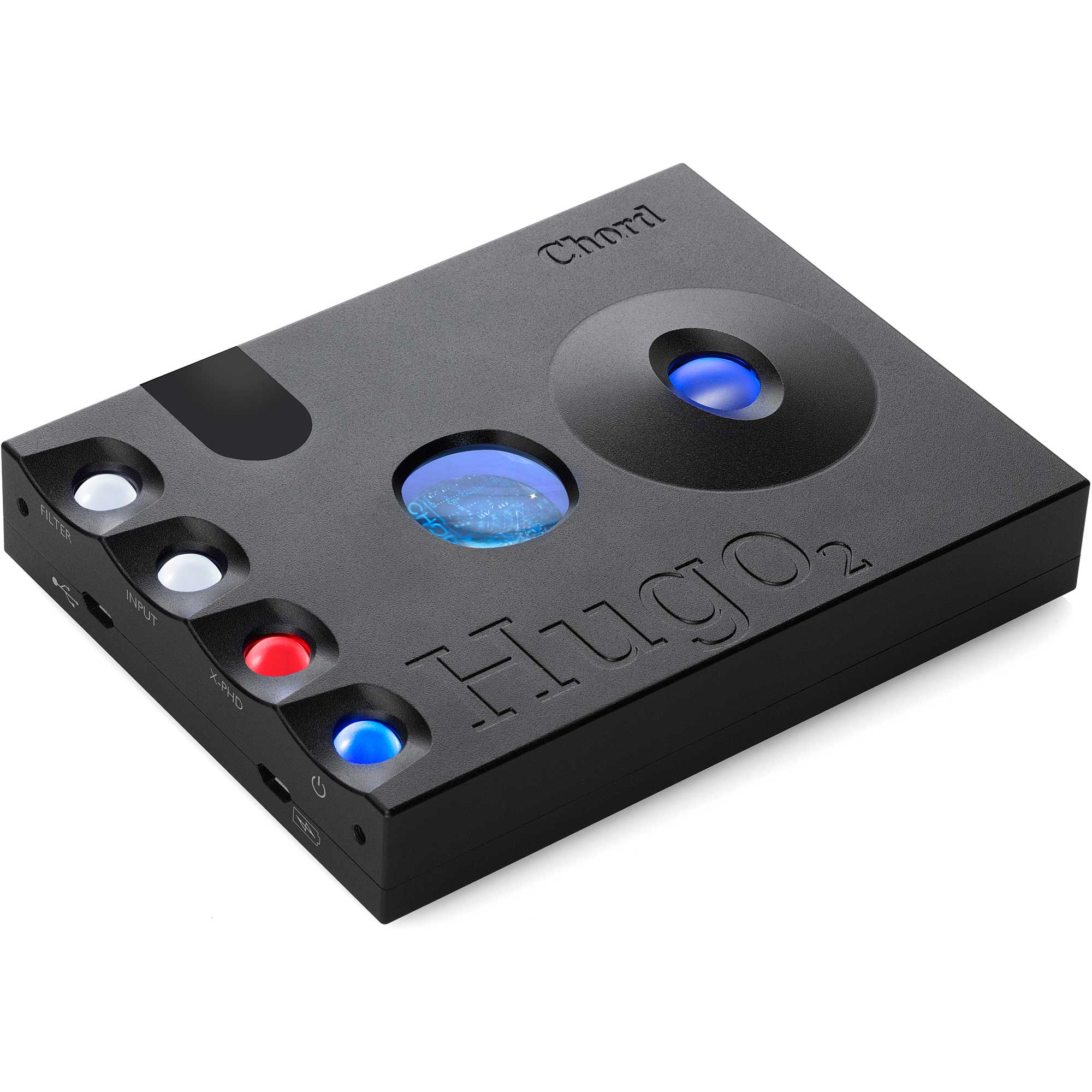 Close-up of Chord Hugo 2 DAC / Portable Headphone Amplifier showing controls and circular illuminated lenses on black surface