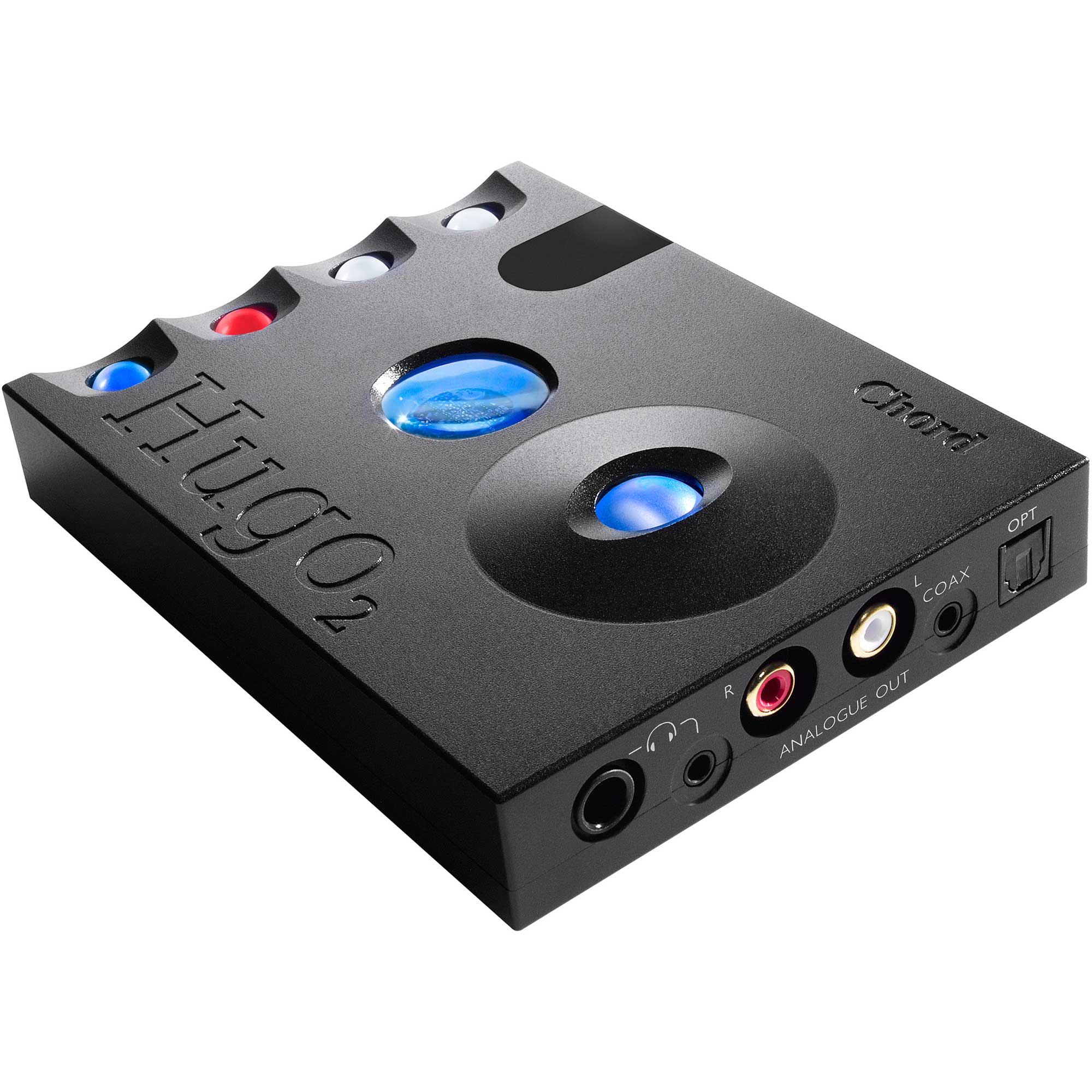 Chord Hugo 2 DAC / Portable Headphone Amplifier angled view showing control buttons and multiple audio output ports on white background