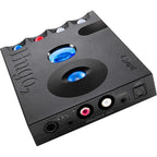 Chord Hugo 2 DAC / Portable Headphone Amplifier angled close-up showing colorful buttons and multiple output ports on black surface