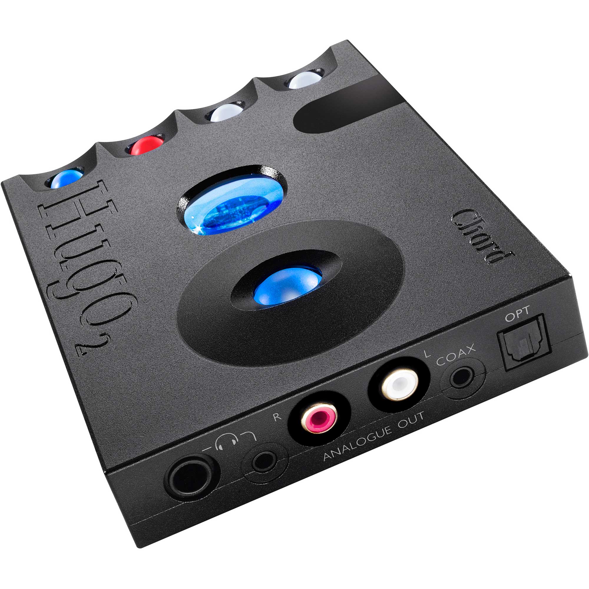 Chord Hugo 2 DAC / Portable Headphone Amplifier angled close-up showing colorful buttons and multiple output ports on black surface
