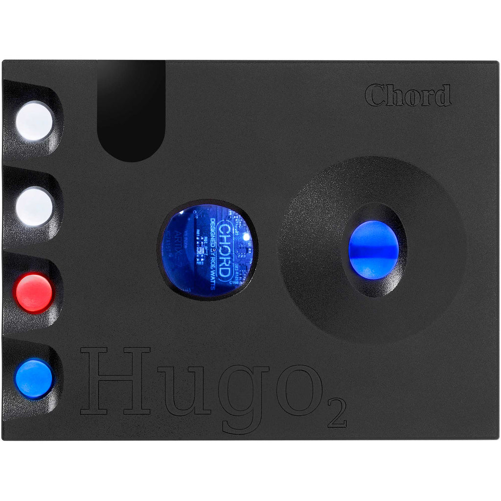 Top view of Chord Hugo 2 DAC / Portable Headphone Amplifier showing illuminated buttons and circular blue display window