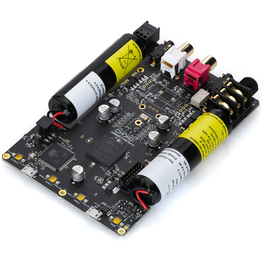 Internal circuit board of the Chord Hugo 2 DAC / Portable Headphone Amplifier showing capacitors and connectors on white background