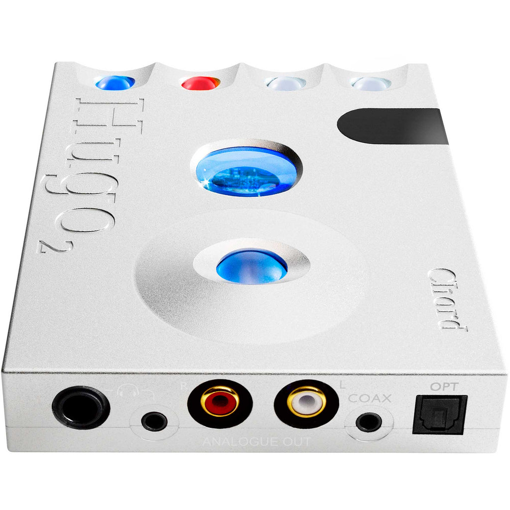 Close-up view of the Chord Hugo 2 DAC / Portable Headphone Amplifier showing input and output ports on white chassis
