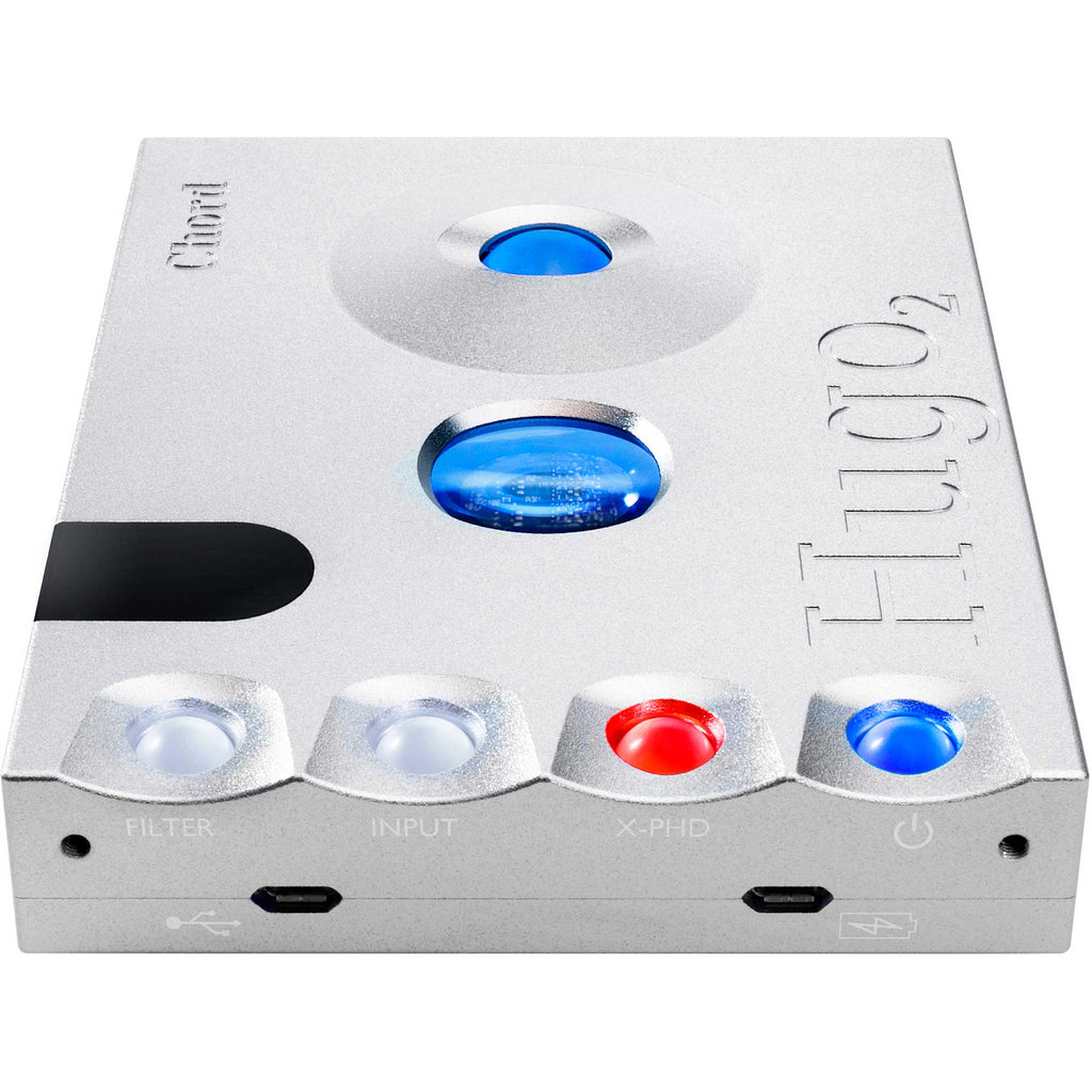 Front view of the silver Chord Hugo 2 DAC / Portable Headphone Amplifier with colored control buttons and engraved branding