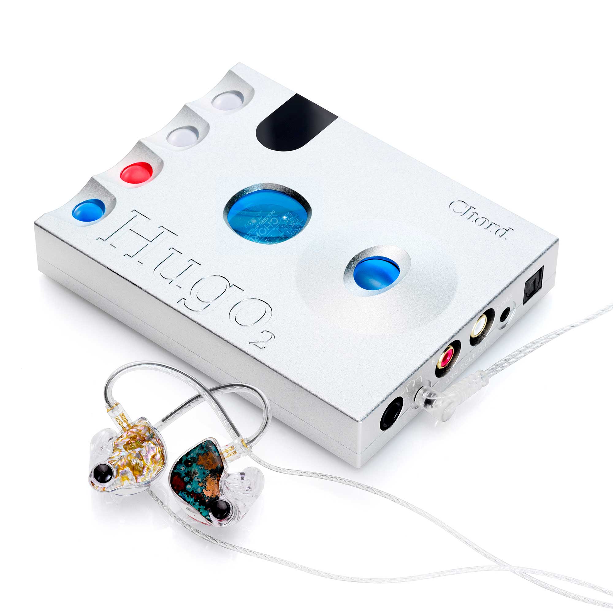 Close-up of Chord Hugo 2 DAC / Portable Headphone Amplifier with custom in-ear monitors on white background