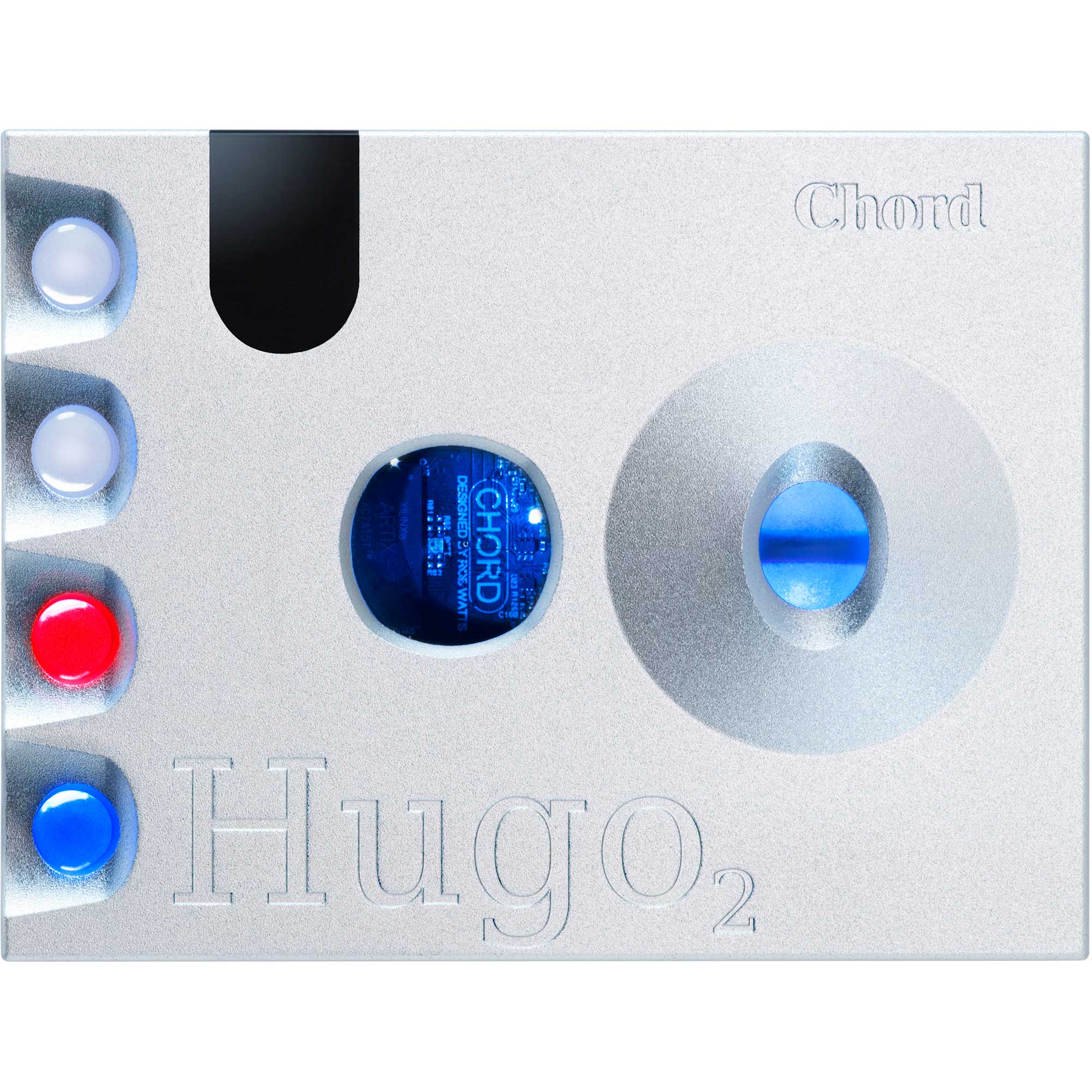 Top view of Chord Hugo 2 DAC / Portable Headphone Amplifier with illuminated control buttons and blue display window