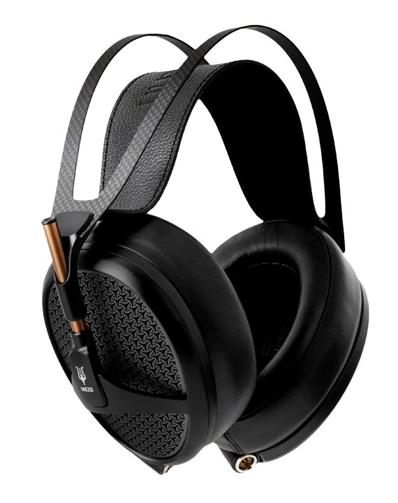 Meze Empyrean open back planar magnetic headphones with black ear cups and carbon fiber headband on white background