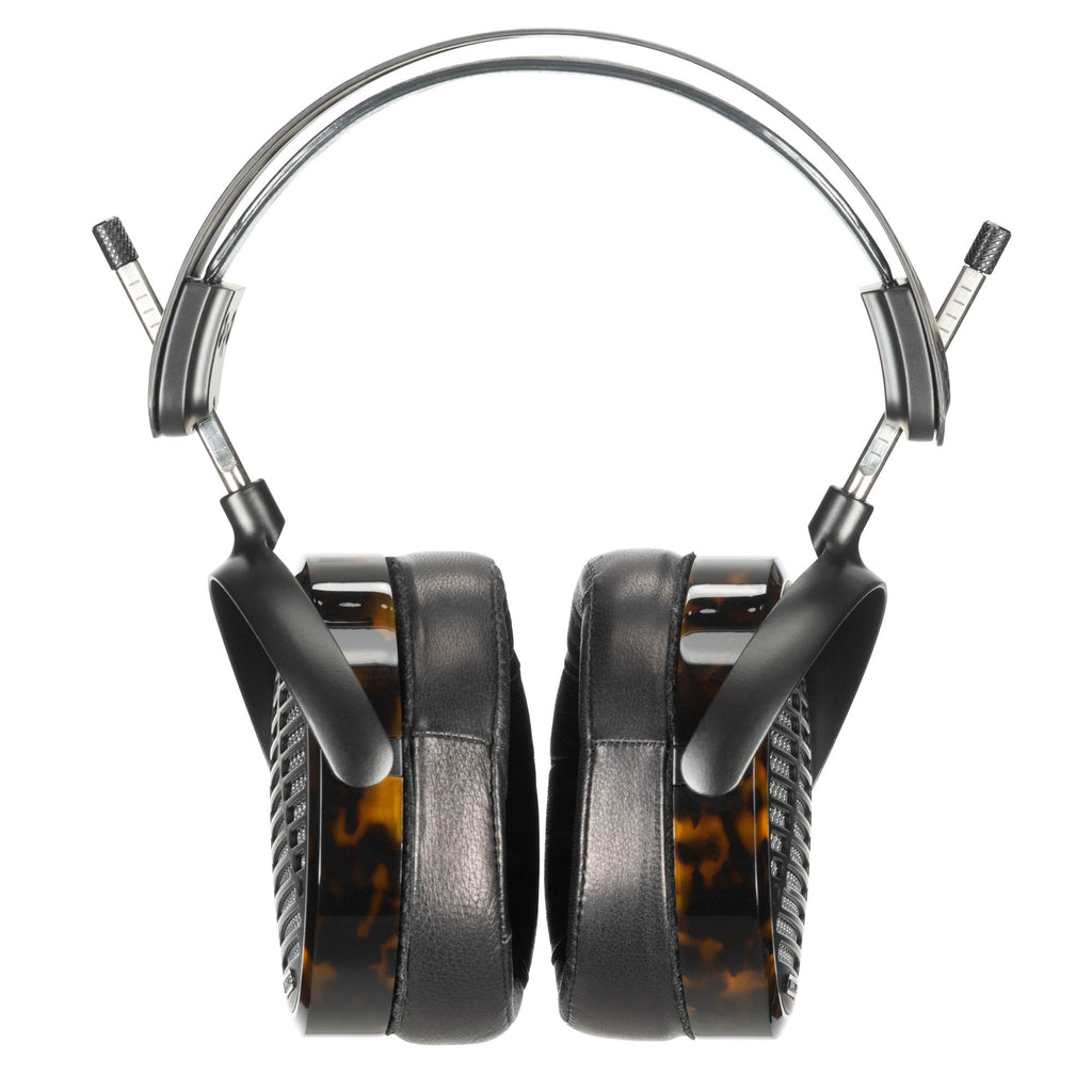 Audeze LCD-5 Flagship Planar open-back headphones with tortoiseshell ear cups and padded black leather cushions on white background