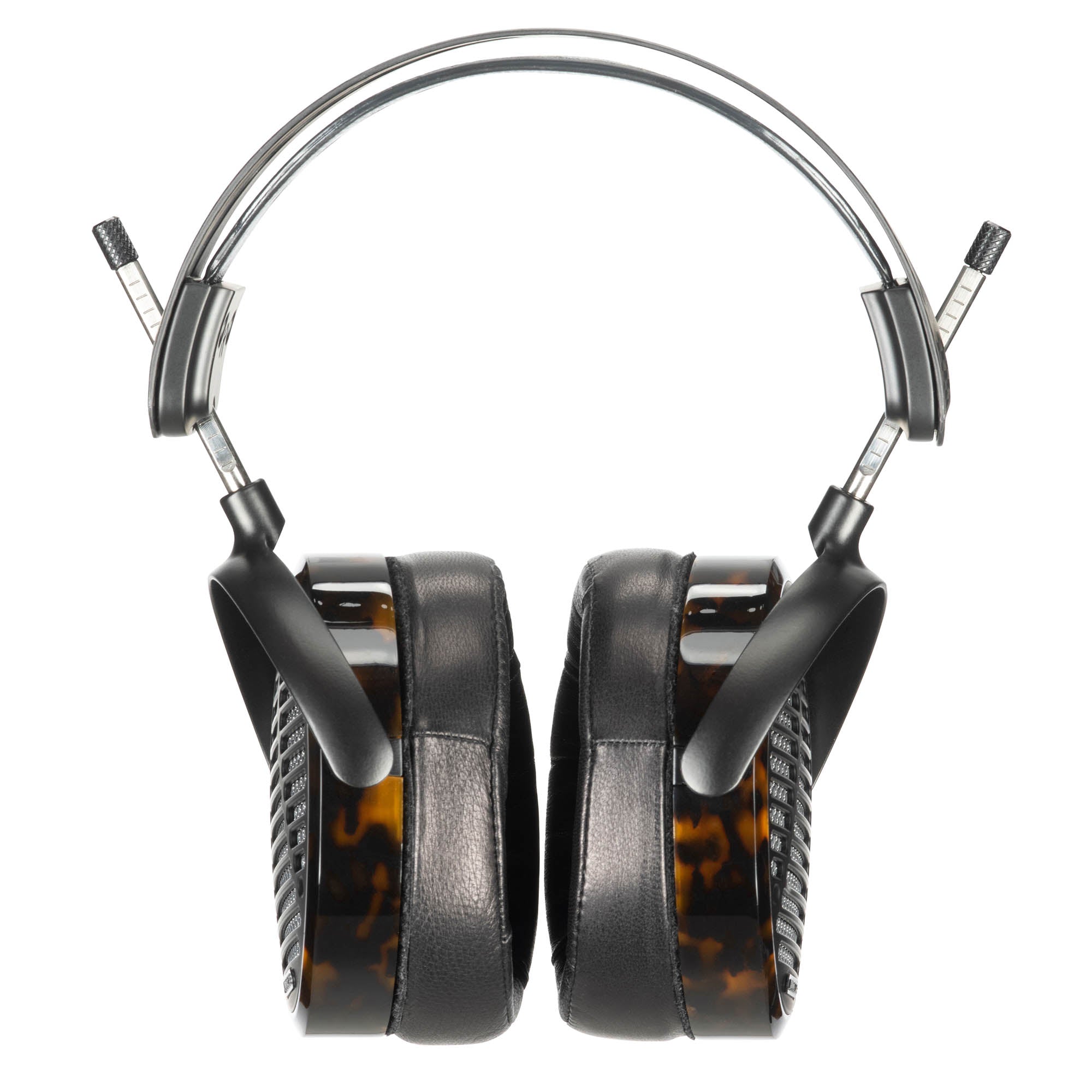 Audeze LCD-5 Flagship Planar open-back headphones with tortoiseshell ear cups and padded black leather cushions on white background