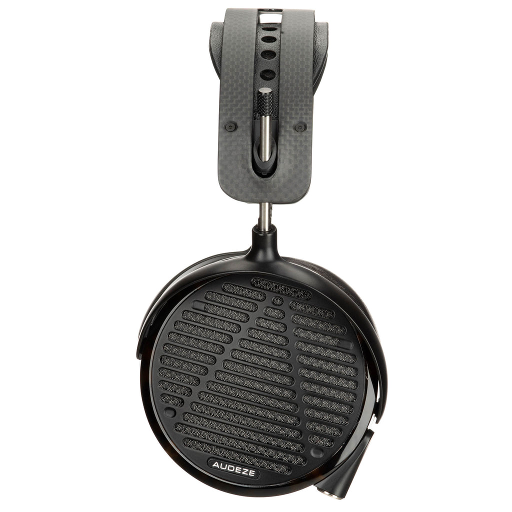 Close-up of Audeze LCD-5 Flagship Planar open-back headphones showing black ear cup and carbon fiber headband detail