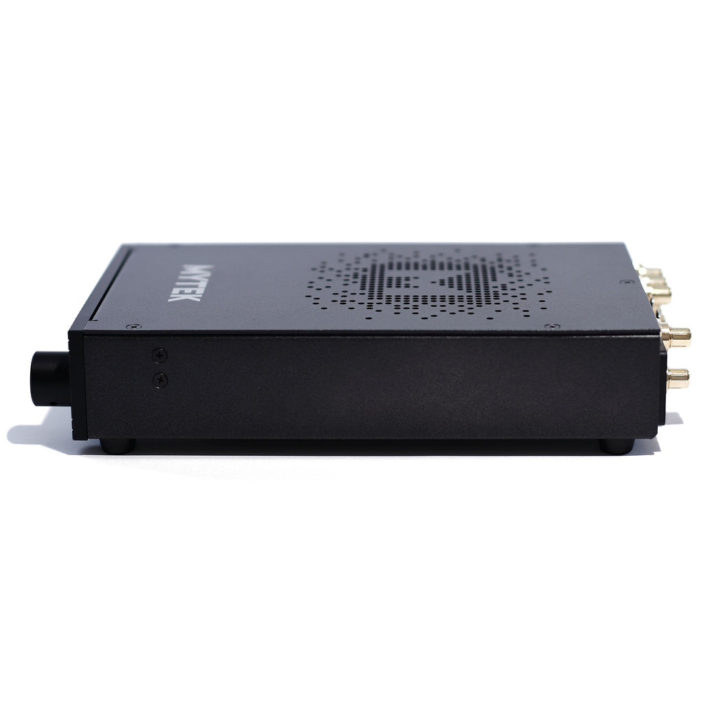 Side view of the Mytek Liberty THX AAA™ Headphone Amp (Used) showing black metal casing and gold RCA connectors