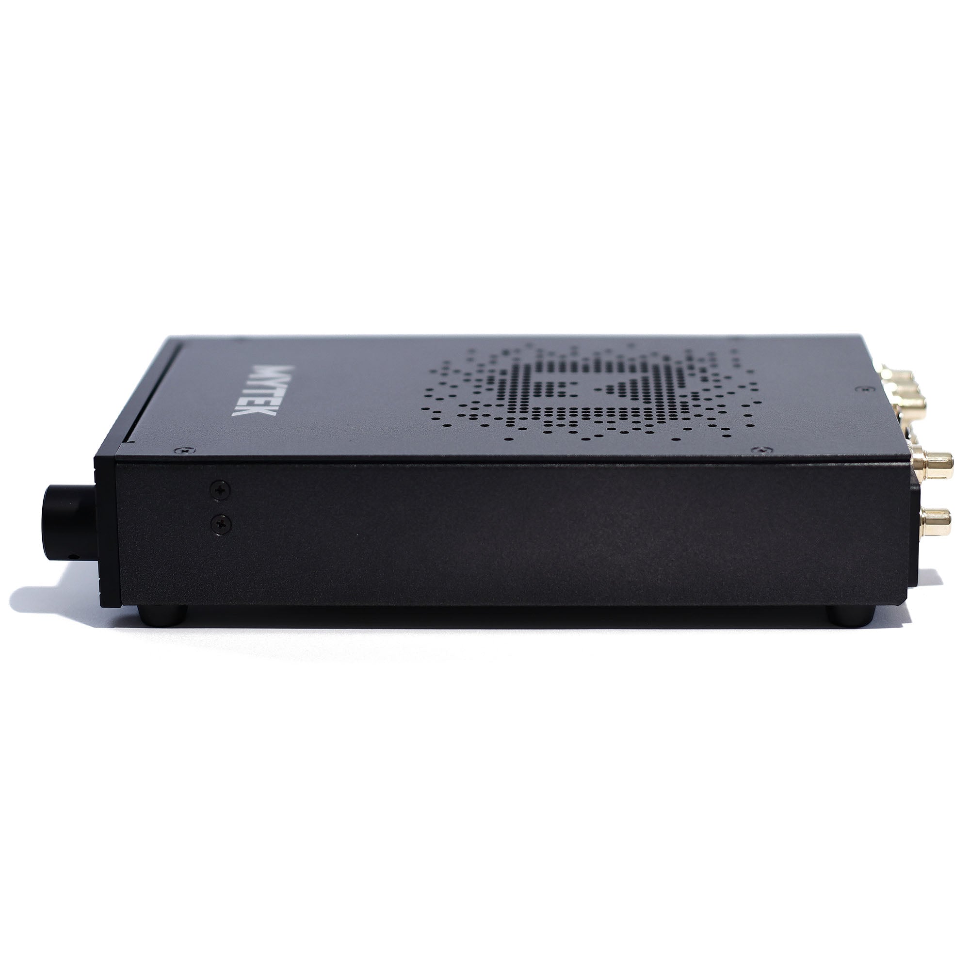 Side view of the Mytek Liberty THX AAA™ Headphone Amp (Used) showing black metal casing and gold RCA connectors