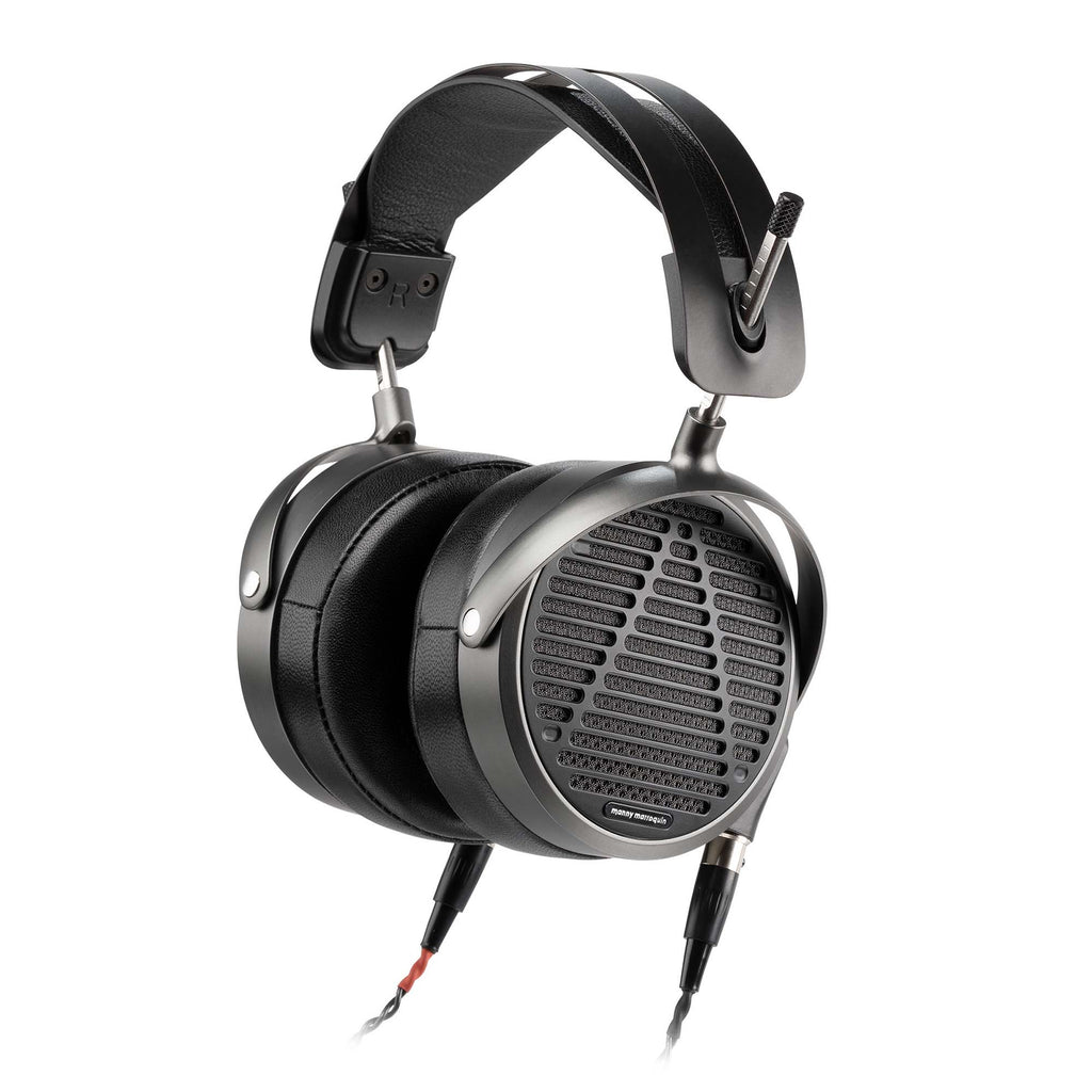Audeze MM-500 planar magnetic open back headphones with black leather headband and detachable cables on white background