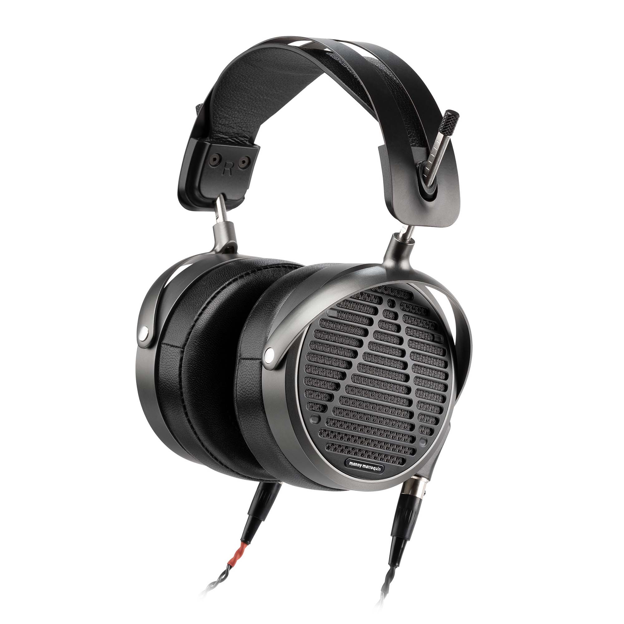Audeze MM-500 planar magnetic open back headphones with black leather headband and detachable cables on white background