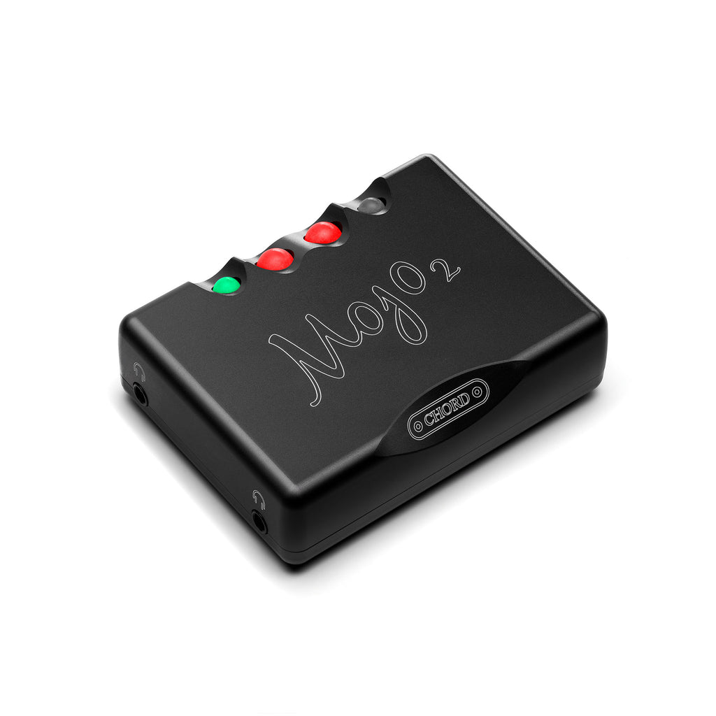 Chord Mojo 2 DAC / Portable Amp in black with engraved logo and colored LED indicator lights on white background