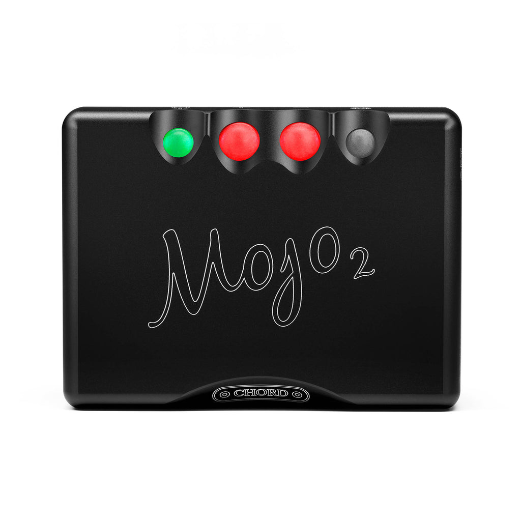 Front view of Chord Mojo 2 DAC / Portable Amp with illuminated colored buttons on a white background