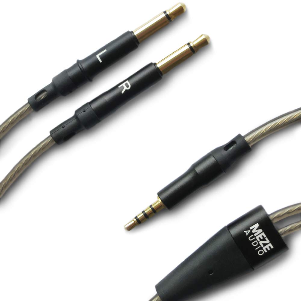 Close-up of Meze 99 Series OFC Balanced Upgrade Headphone Cable with gold-plated connectors and transparent wiring sheath