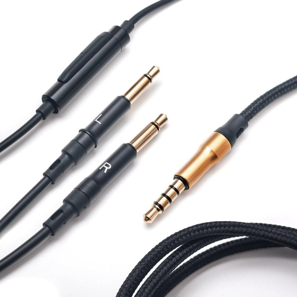 Meze 99 Series Headphone Cable with gold-plated connectors and Kevlar reinforced braided black cable on white background
