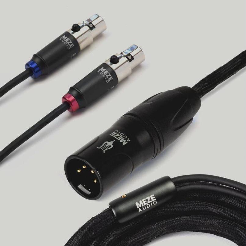 Meze Empyrean Standard Headphone Cables with braided black cable and balanced 4-pin XLR connectors on gray background