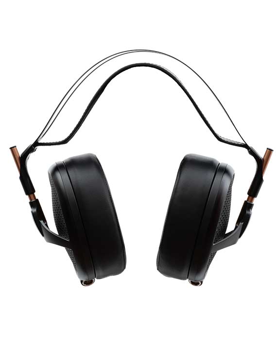 Front view of black Meze Empyrean planar magnetic open back headphones displaying cushioned ear cups and headband