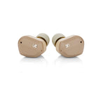 Pair of beige Campfire Orbit | True Wireless Earphones with logo on a white reflective surface close-up view