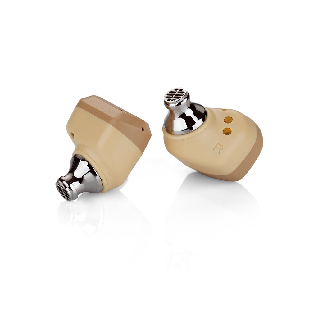 Campfire Orbit | True Wireless Earphones beige earbuds with metal nozzles isolated on white background