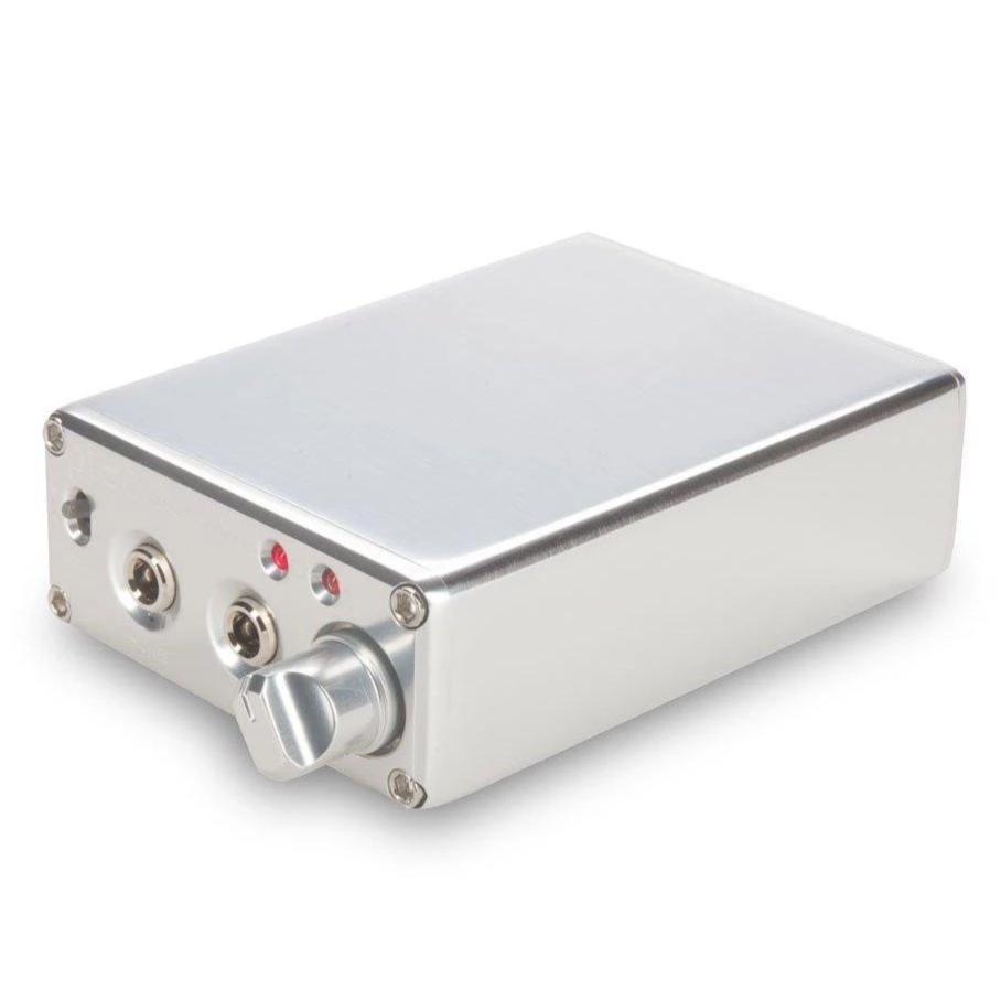 HeadAmp Pico Portable Headphone Amplifier with volume knob and input jacks in compact silver metal casing on white background
