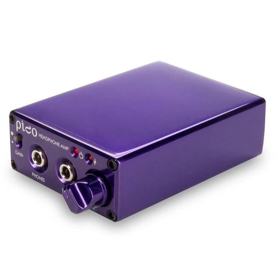 HeadAmp Pico Portable Headphone Amplifier in metallic purple with gain switch and headphone jacks on white background